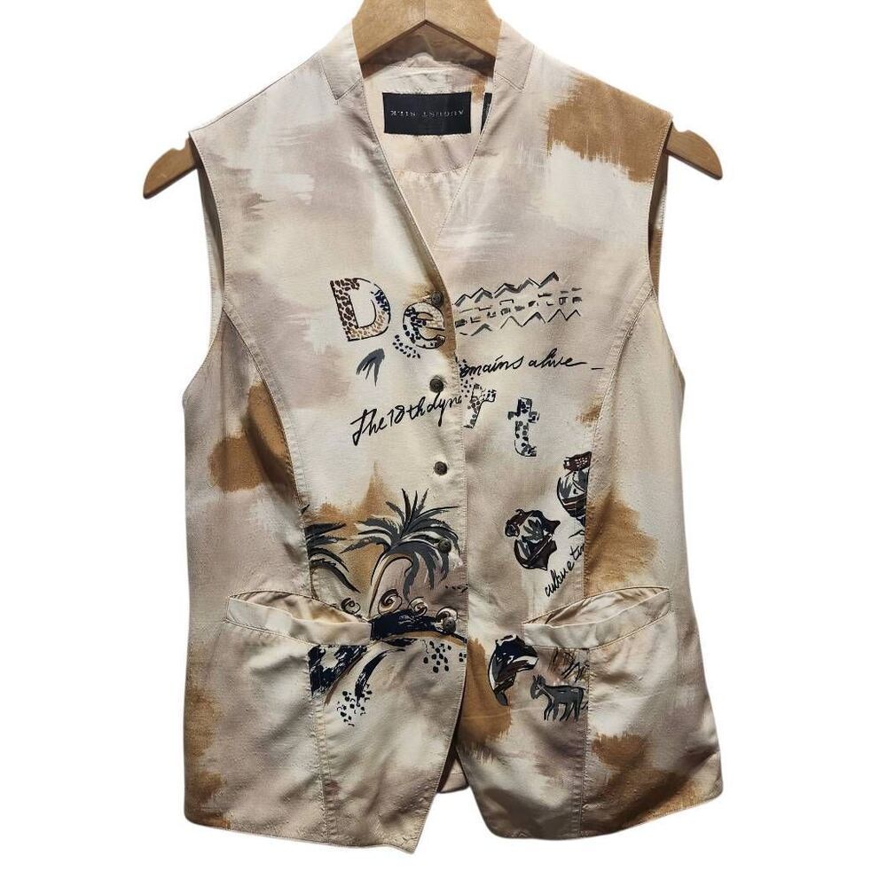 August Silk vest button front desert palm print cream size 8
